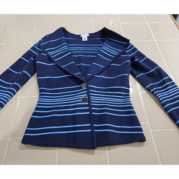 Cache Knit Cardigan Jacket Blue Striped Womens Small Costal Grandma Button Up - Picture 2 of 7